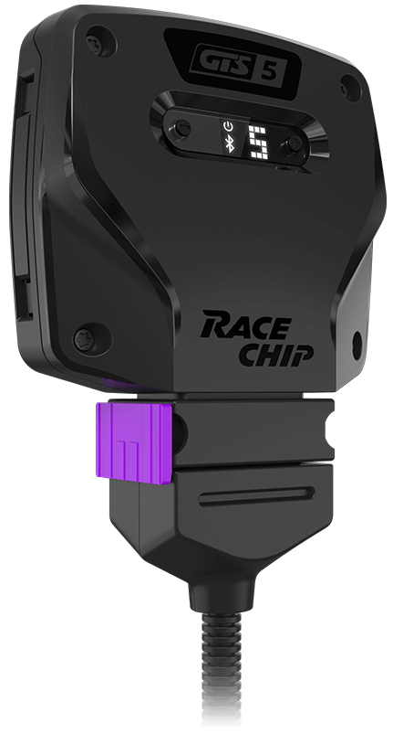 RaceChip GTS 5 control unit in angled view with violet lock and LED indicator for Bluetooth and power level.